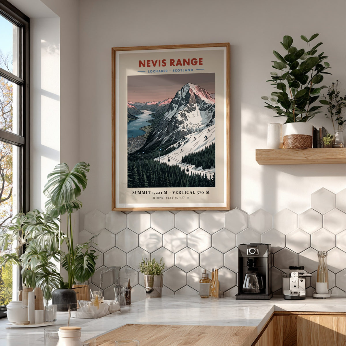 Poster of Nevis Range in Lochaber Scotland with snowy mountains and pine forests.