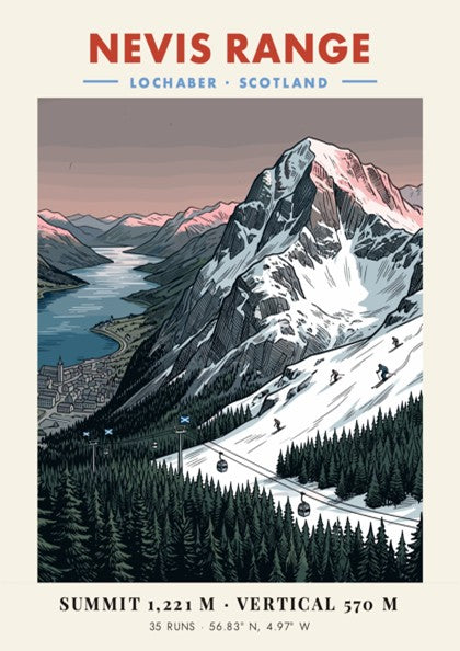Poster of Nevis Range in Lochaber Scotland with snowy mountains and pine forests.