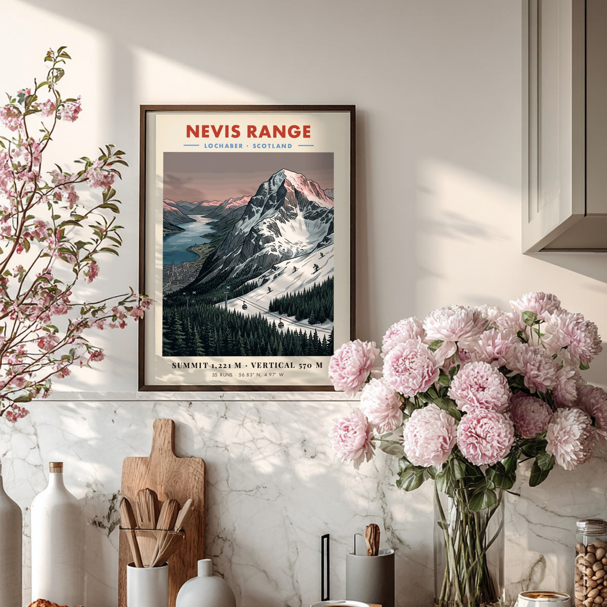 Poster of Nevis Range in Lochaber Scotland with snowy mountains and pine forests.
