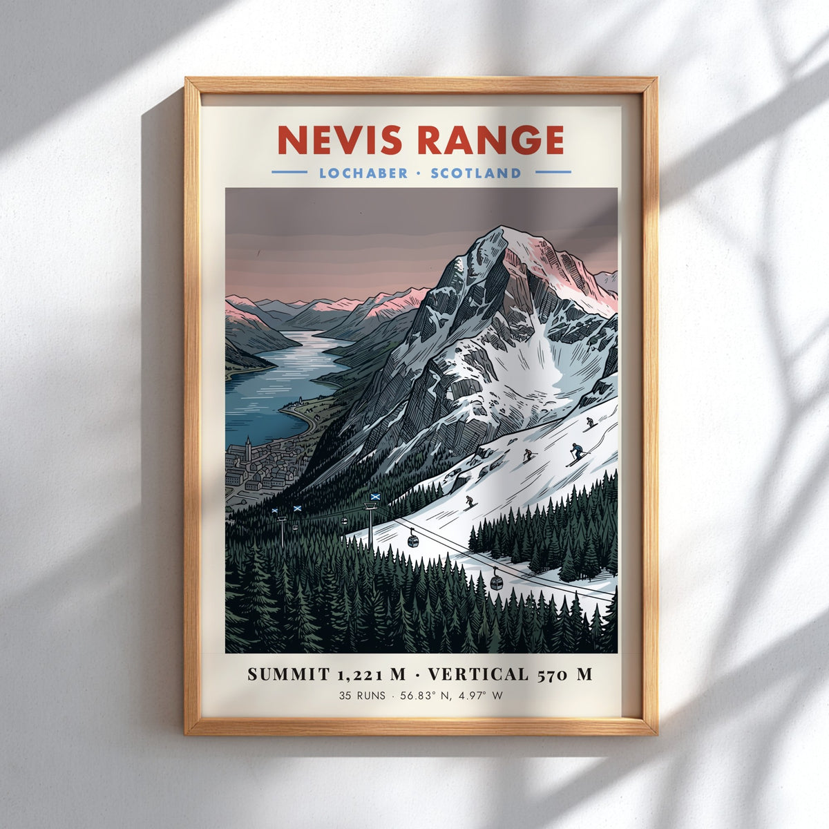 Poster of Nevis Range in Lochaber Scotland with snowy mountains and pine forests.