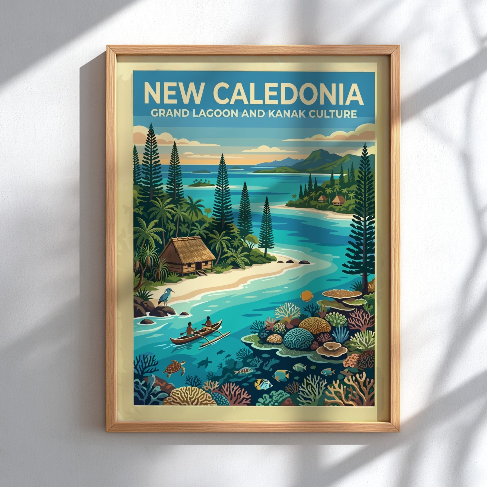Travel poster of New Caledonia featuring a turquoise lagoon, outrigger canoe, and coral.