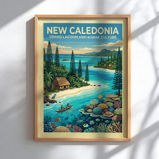 Travel poster of New Caledonia featuring a turquoise lagoon, outrigger canoe, and coral.