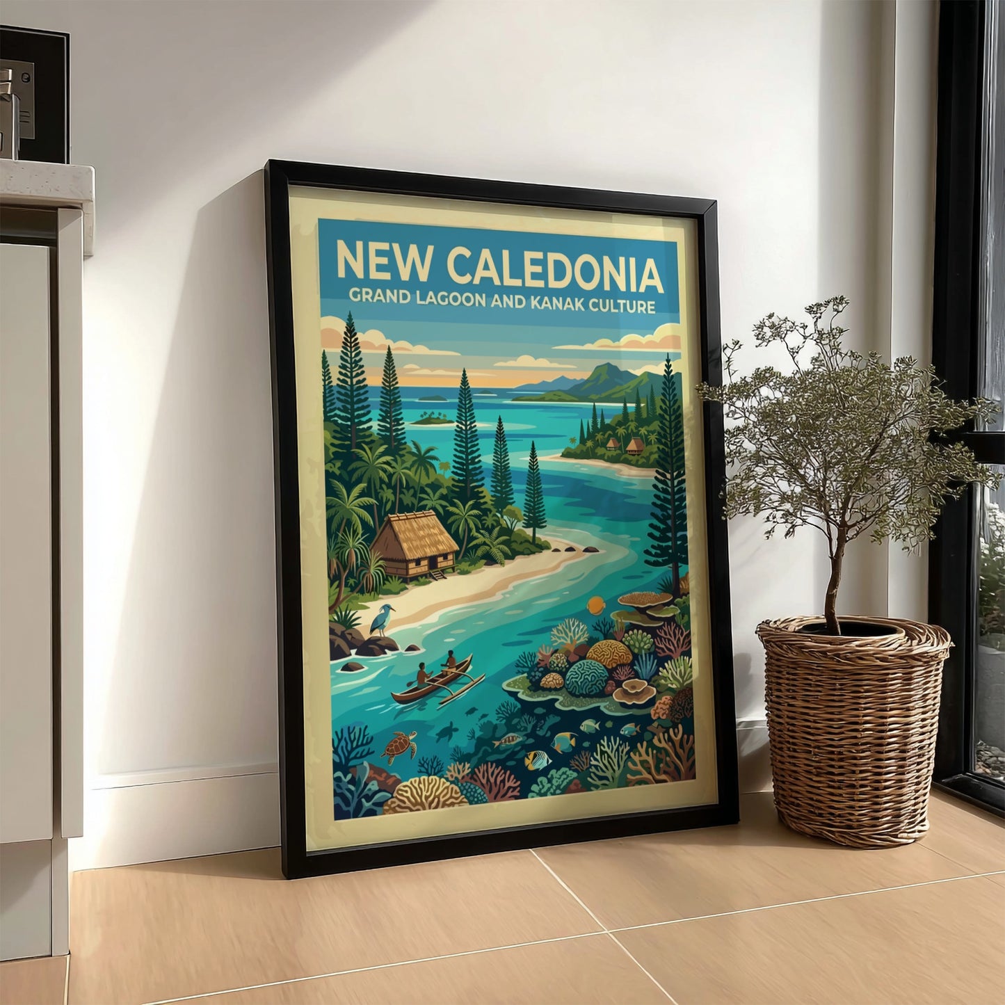 Travel poster of New Caledonia featuring a turquoise lagoon, outrigger canoe, and coral.