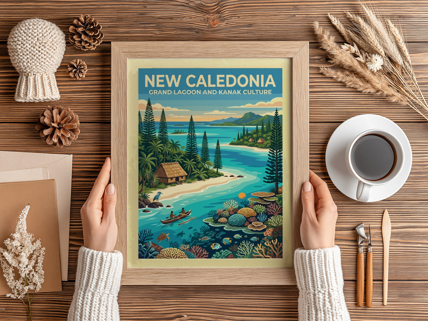 Travel poster of New Caledonia featuring a turquoise lagoon, outrigger canoe, and coral.