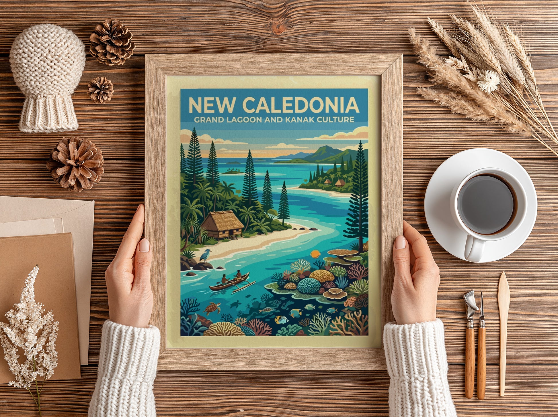Travel poster of New Caledonia featuring a turquoise lagoon, outrigger canoe, and coral.
