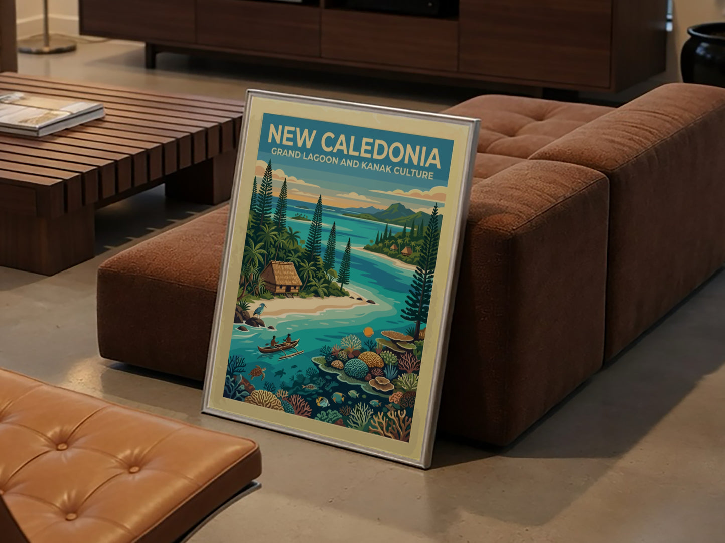 Travel poster of New Caledonia featuring a turquoise lagoon, outrigger canoe, and coral.