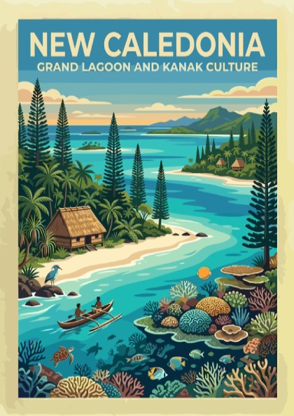 Travel poster of New Caledonia featuring a turquoise lagoon, outrigger canoe, and coral.