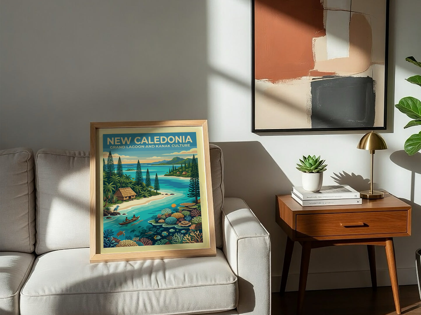 Travel poster of New Caledonia featuring a turquoise lagoon, outrigger canoe, and coral.