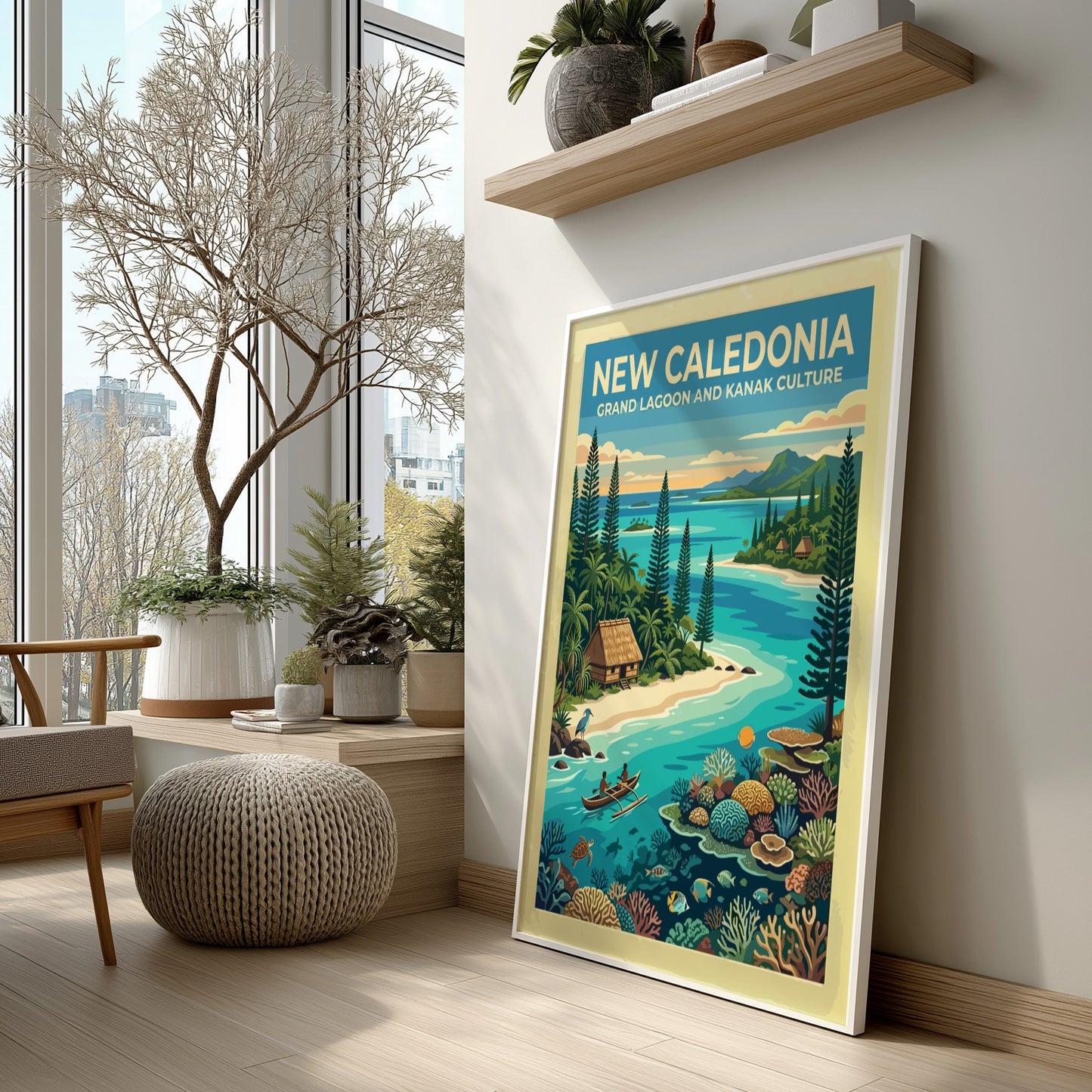 Travel poster of New Caledonia featuring a turquoise lagoon, outrigger canoe, and coral.