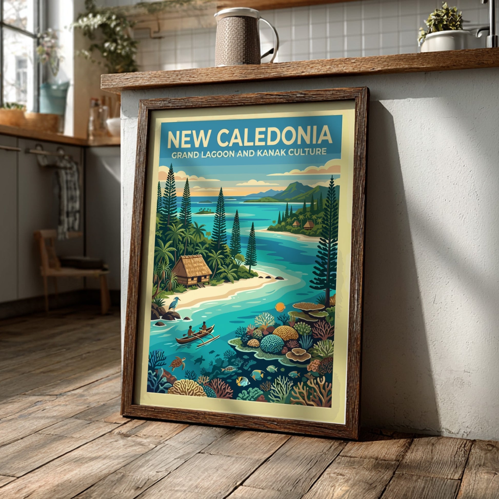 Travel poster of New Caledonia featuring a turquoise lagoon, outrigger canoe, and coral.