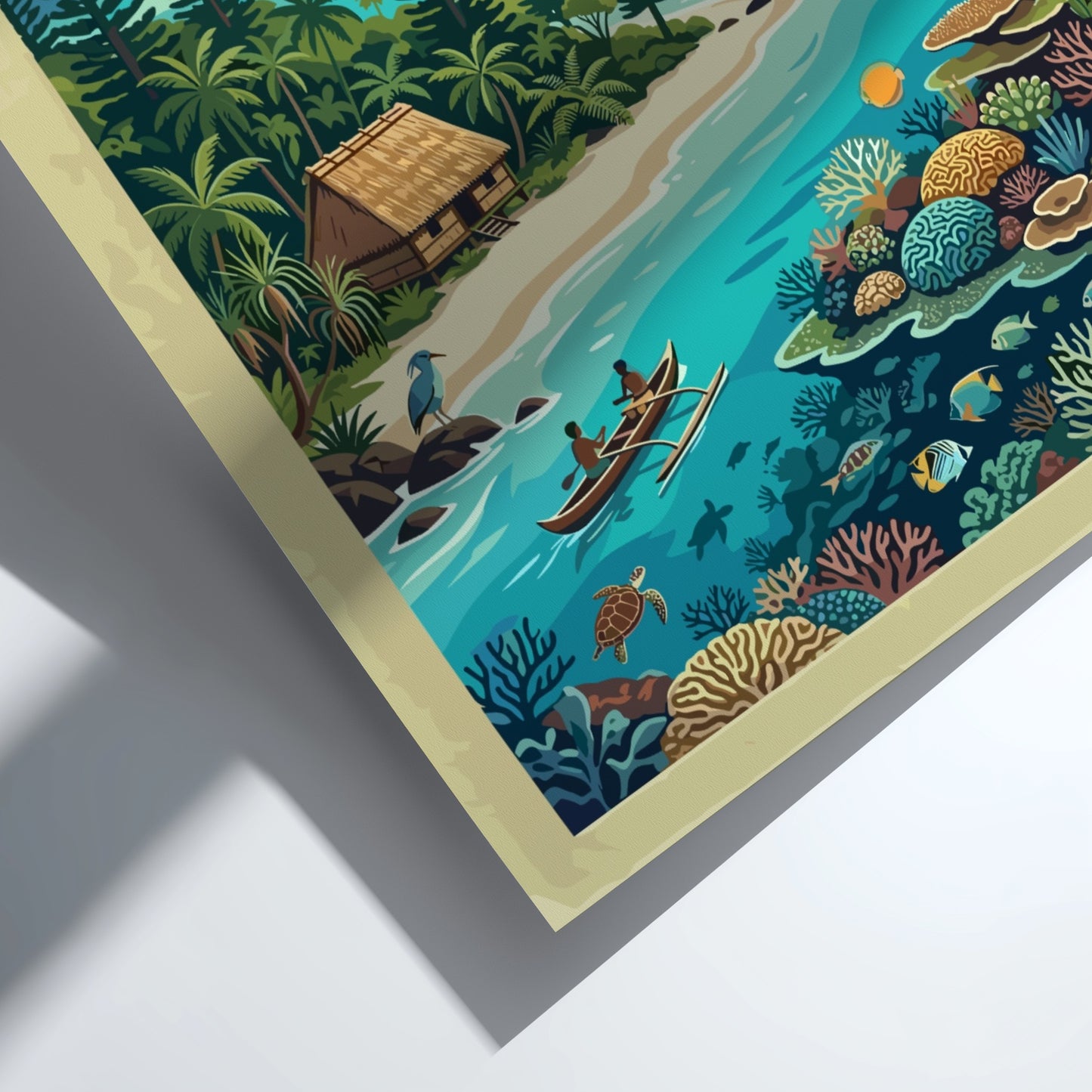 Travel poster of New Caledonia featuring a turquoise lagoon, outrigger canoe, and coral.