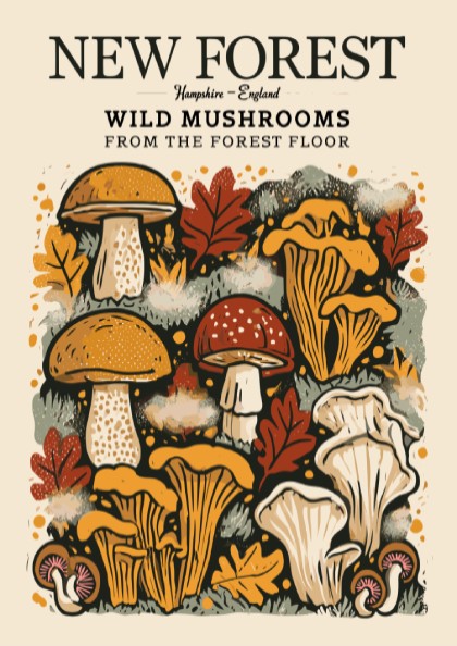 Wild mushrooms kitchen poster featuring earthy colors and nature-inspired design