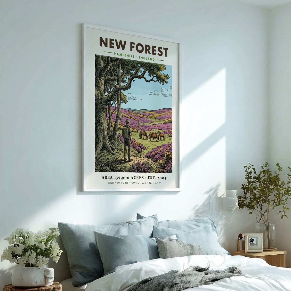 Poster showing a hiker watching wild ponies in the New Forest National Park landscape.