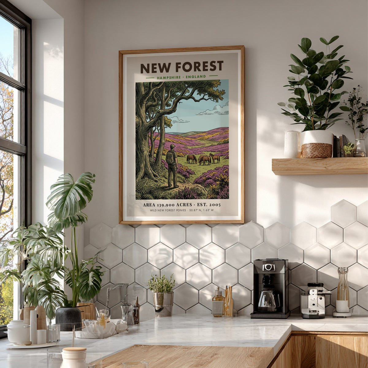 Poster showing a hiker watching wild ponies in the New Forest National Park landscape.