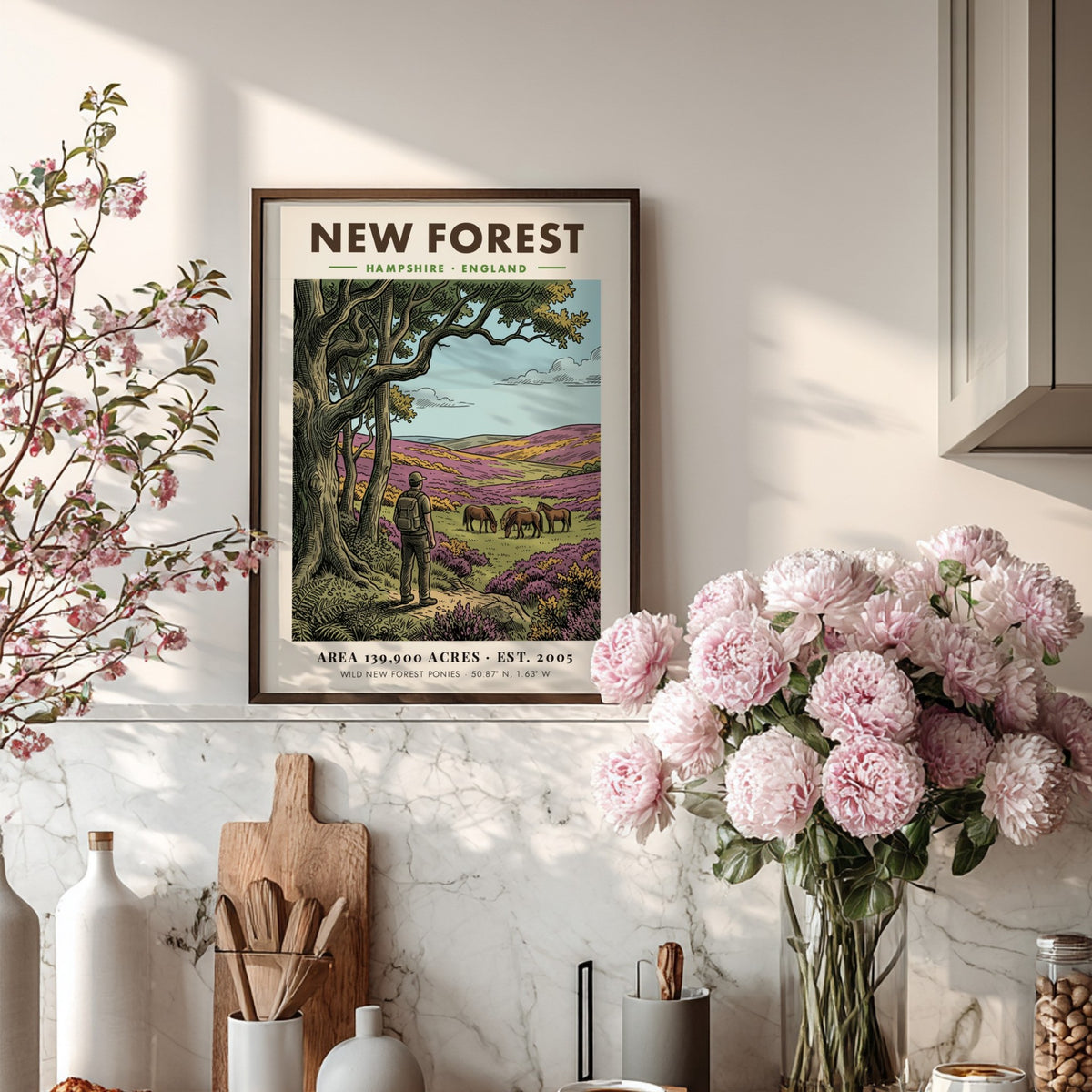Poster showing a hiker watching wild ponies in the New Forest National Park landscape.