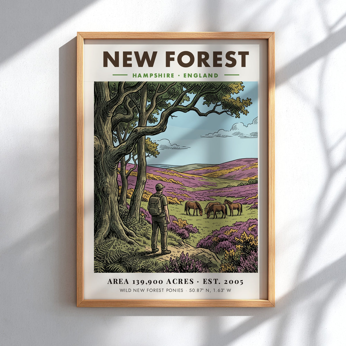 Poster showing a hiker watching wild ponies in the New Forest National Park landscape.
