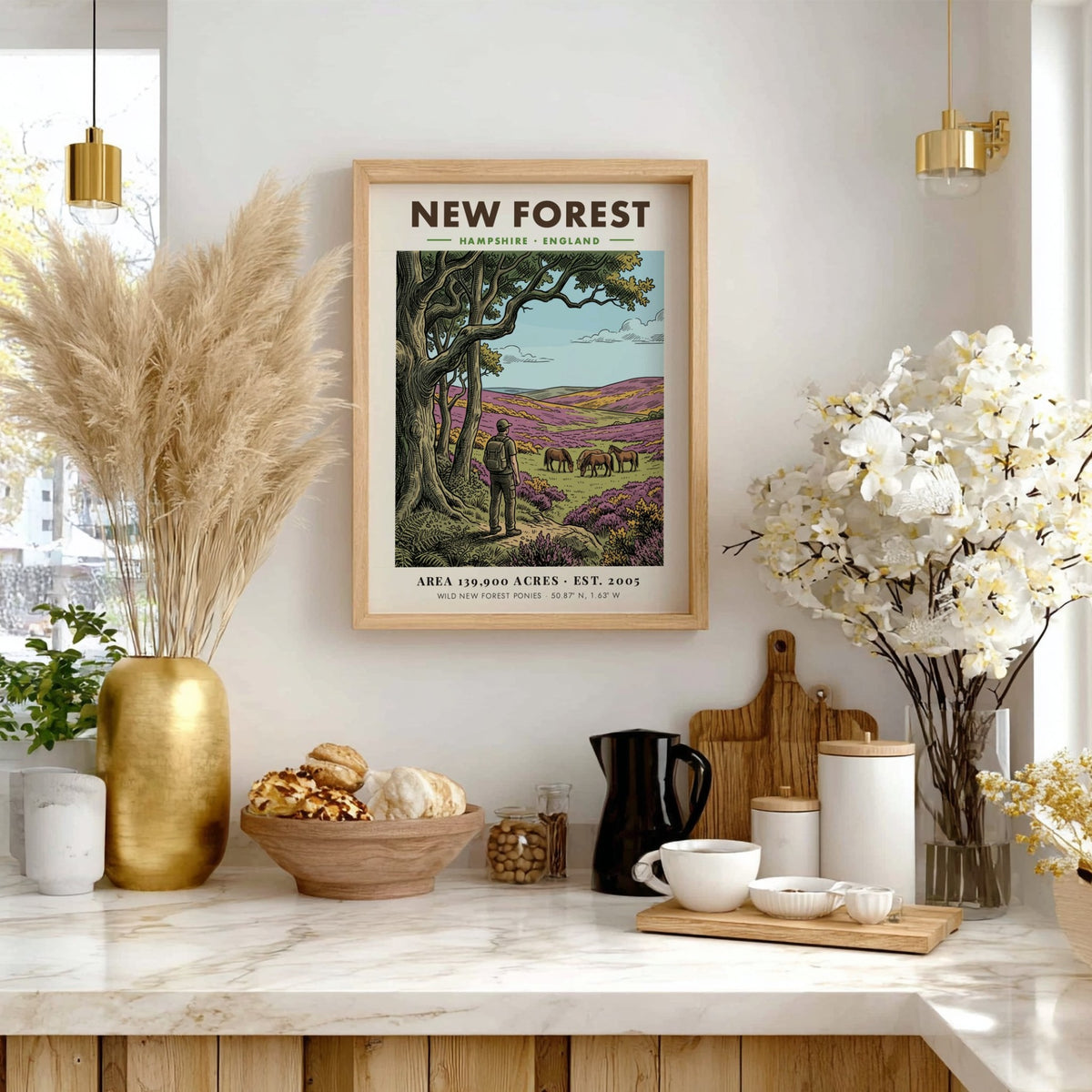 Poster showing a hiker watching wild ponies in the New Forest National Park landscape.