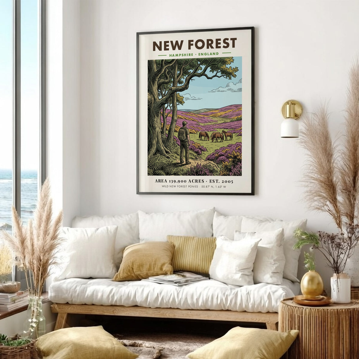 Poster showing a hiker watching wild ponies in the New Forest National Park landscape.