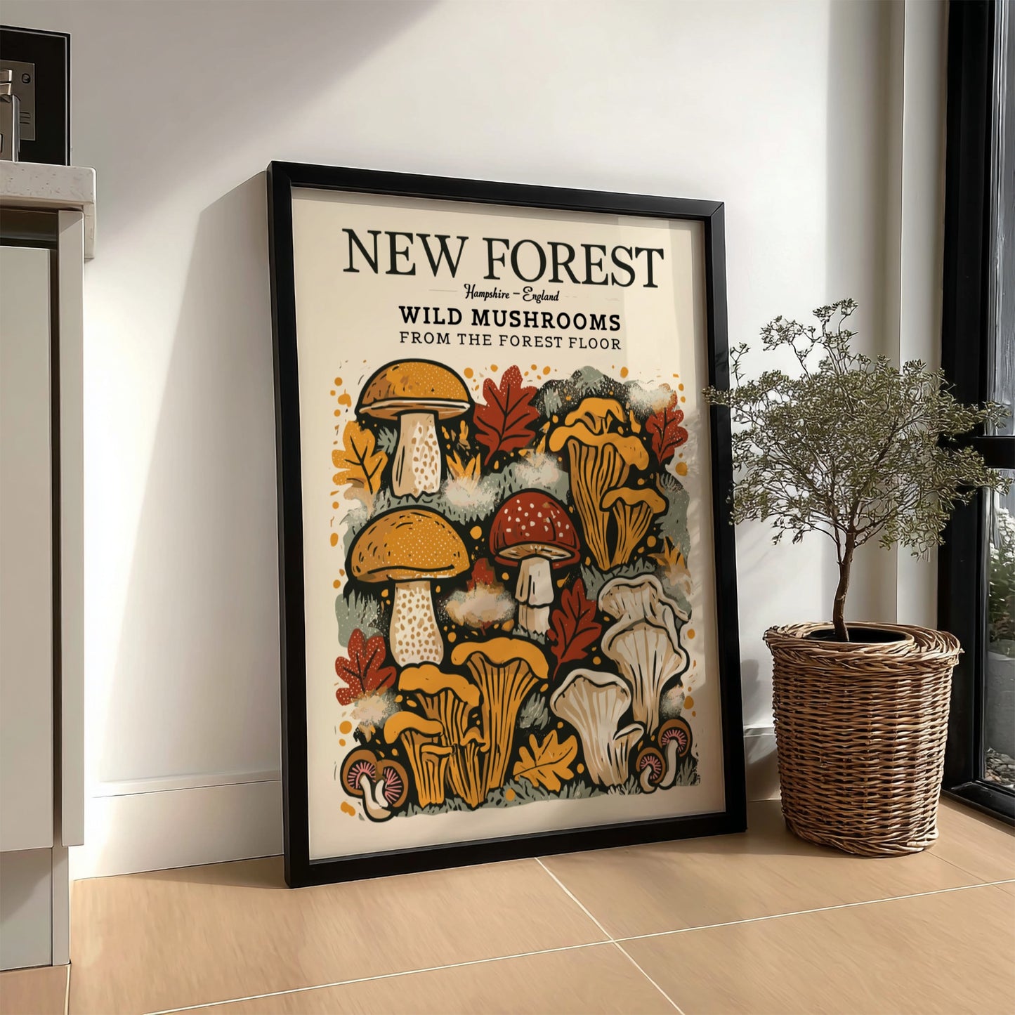 Wild mushrooms kitchen poster featuring earthy colors and nature-inspired design