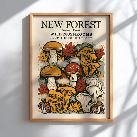 Wild mushrooms kitchen poster featuring earthy colors and nature-inspired design