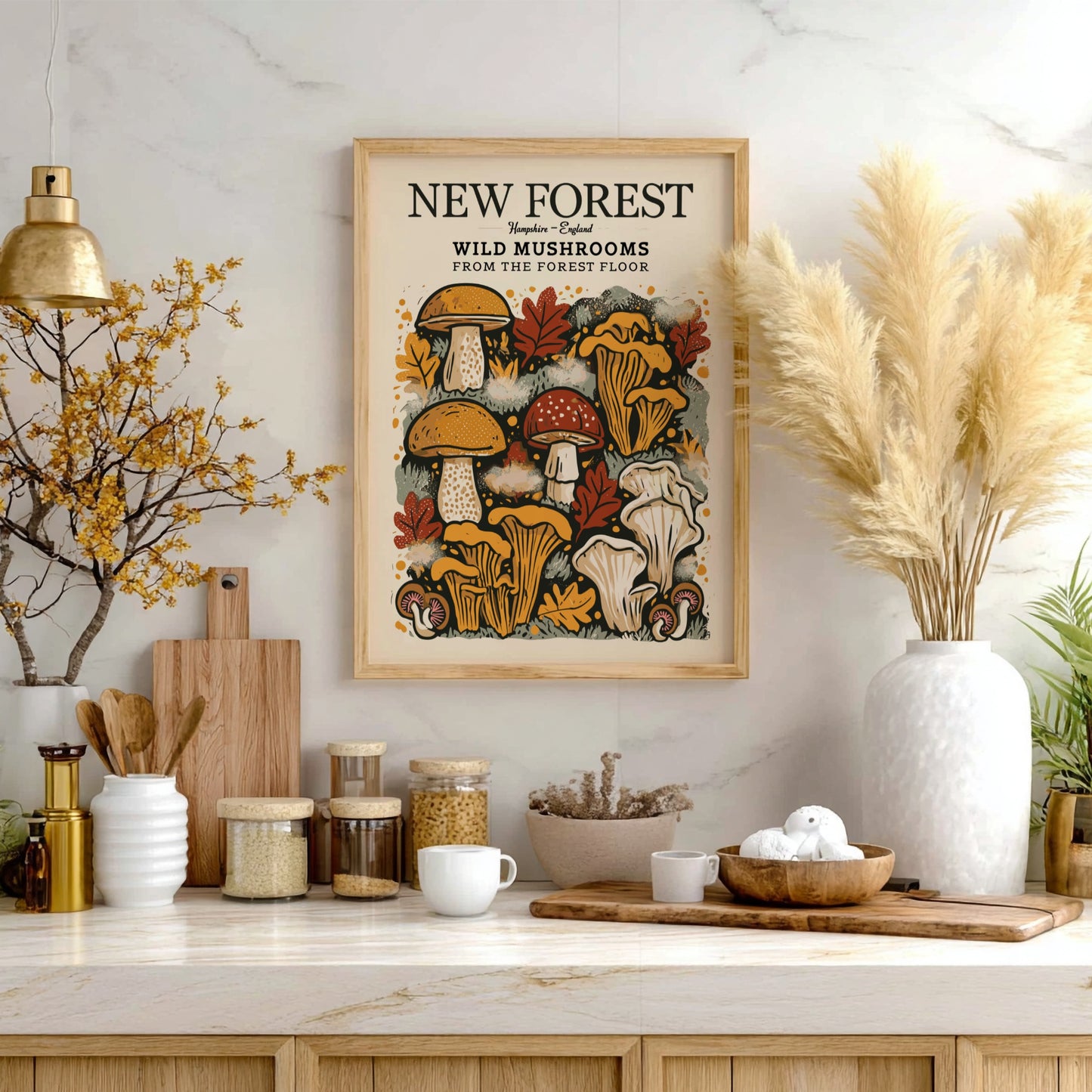 Wild mushrooms kitchen poster featuring earthy colors and nature-inspired design