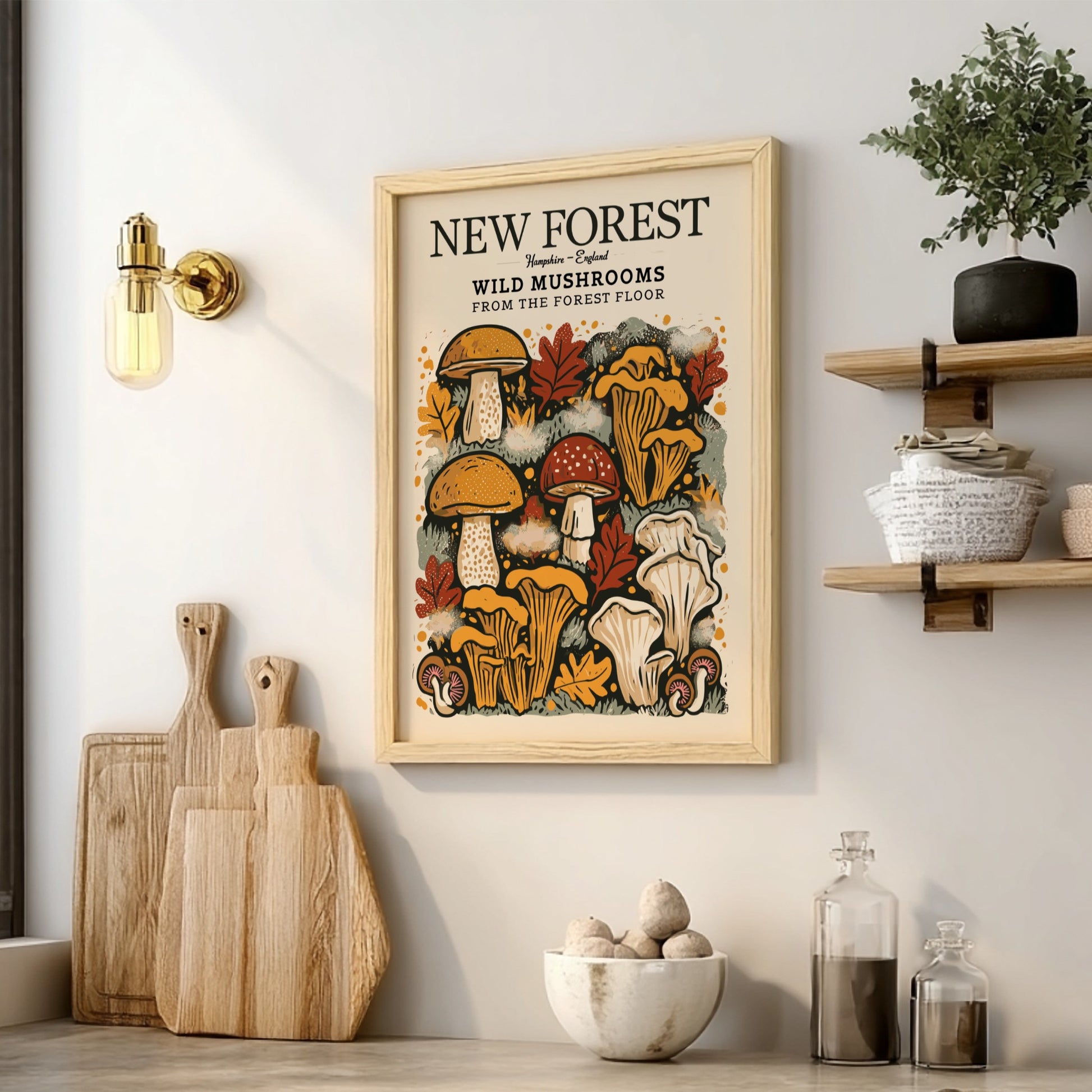 Wild mushrooms kitchen poster featuring earthy colors and nature-inspired design