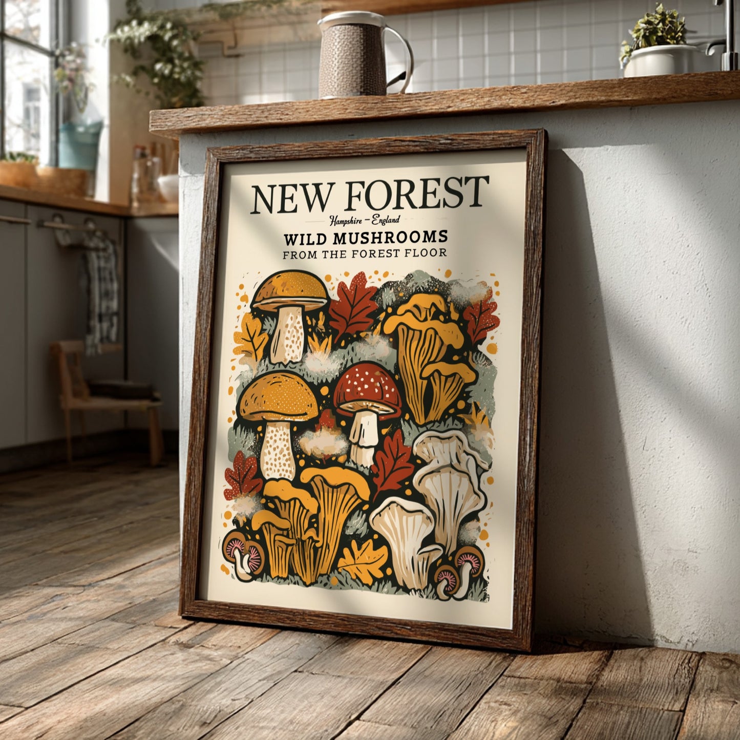Wild mushrooms kitchen poster featuring earthy colors and nature-inspired design