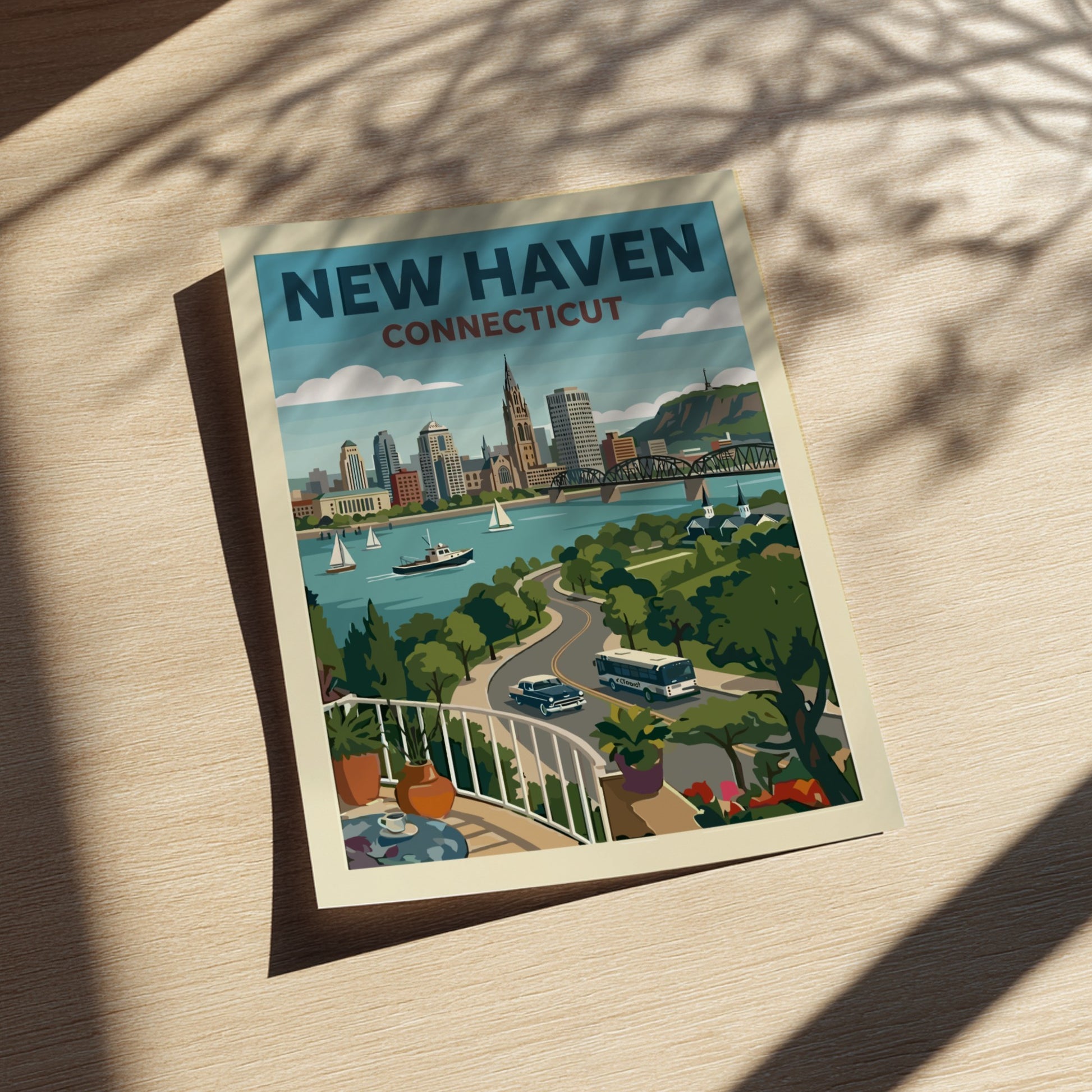New Haven Connecticut skyline poster with sailboats and coastal road in a retro illustration style.