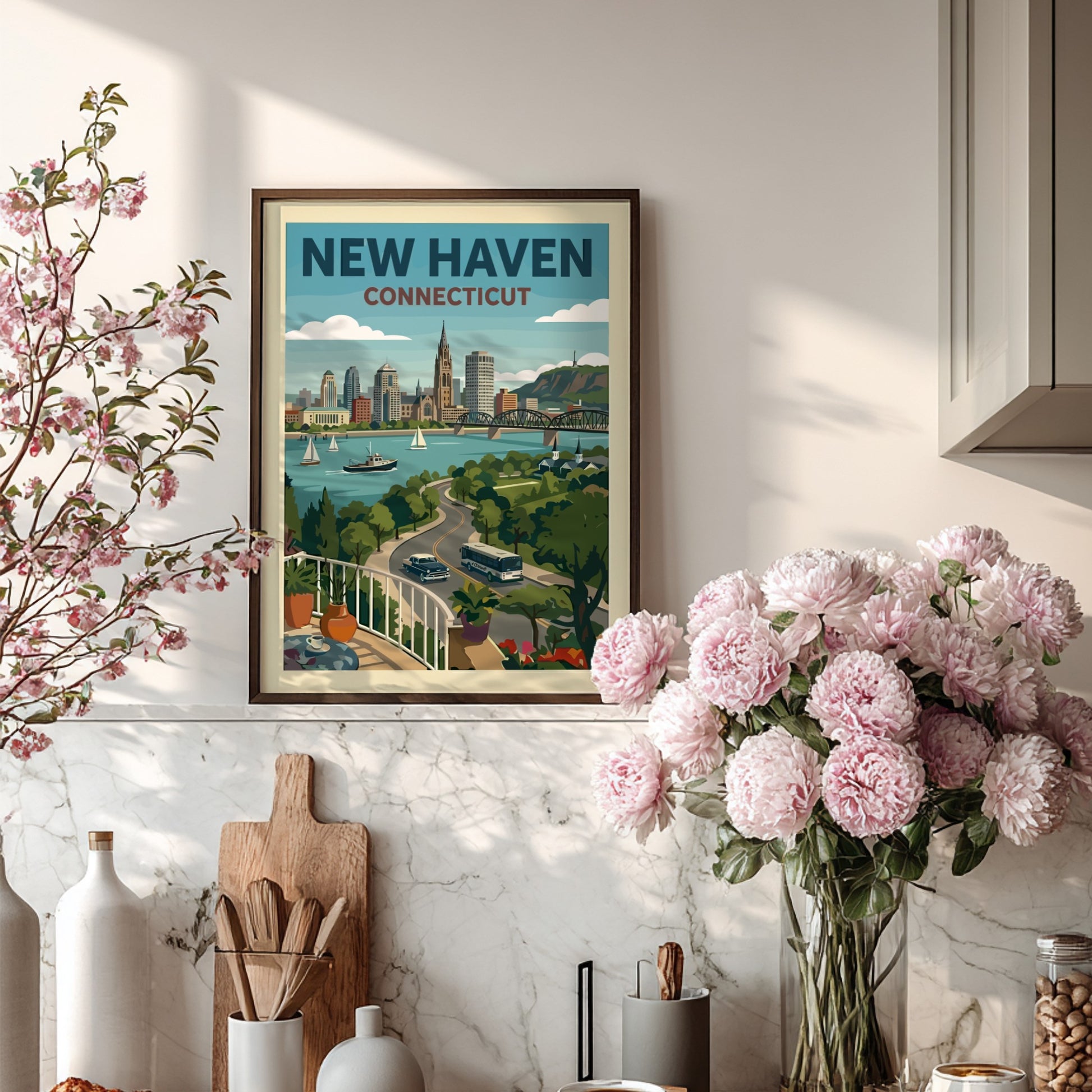 New Haven Connecticut skyline poster with sailboats and coastal road in a retro illustration style.