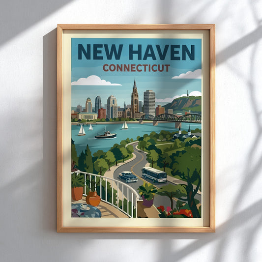 New Haven Connecticut skyline poster with sailboats and coastal road in a retro illustration style.