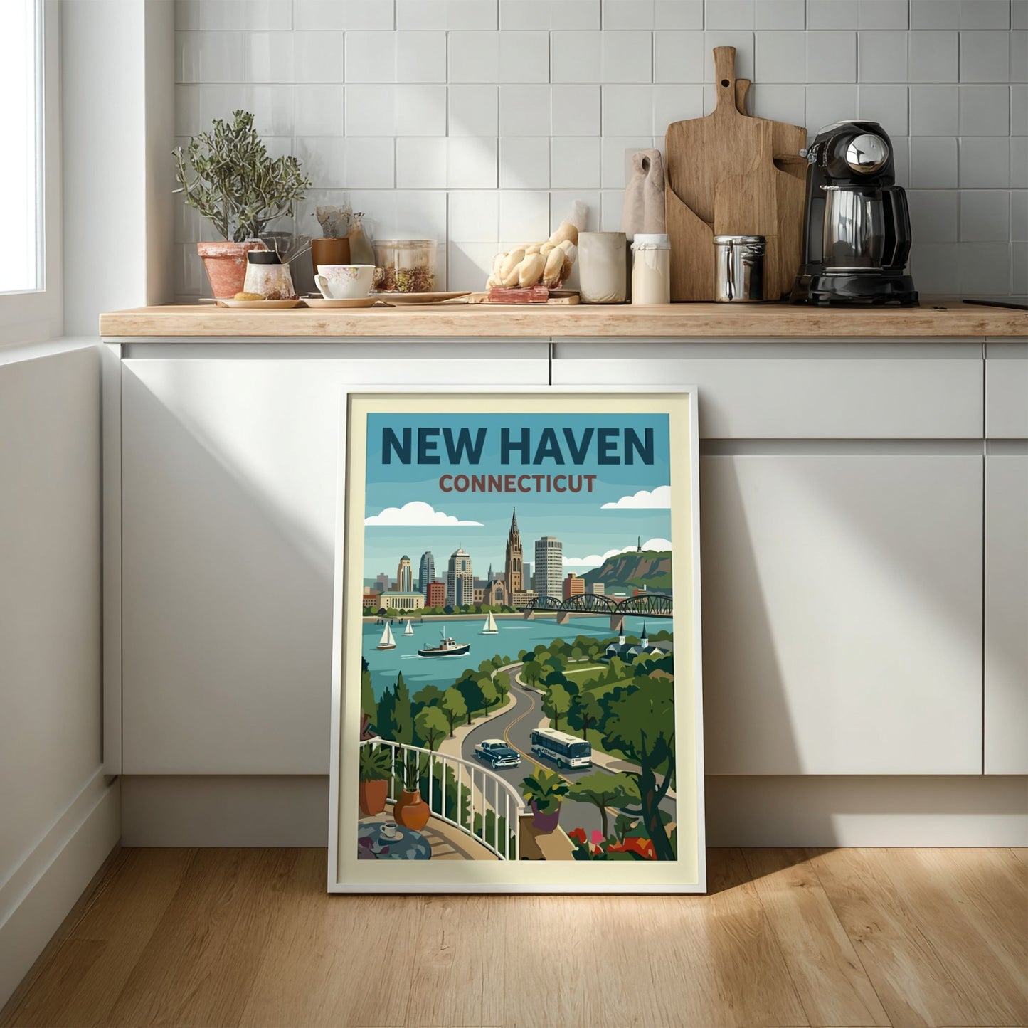 New Haven Connecticut skyline poster with sailboats and coastal road in a retro illustration style.
