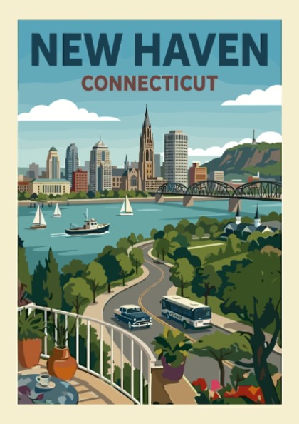 New Haven Connecticut skyline poster with sailboats and coastal road in a retro illustration style.