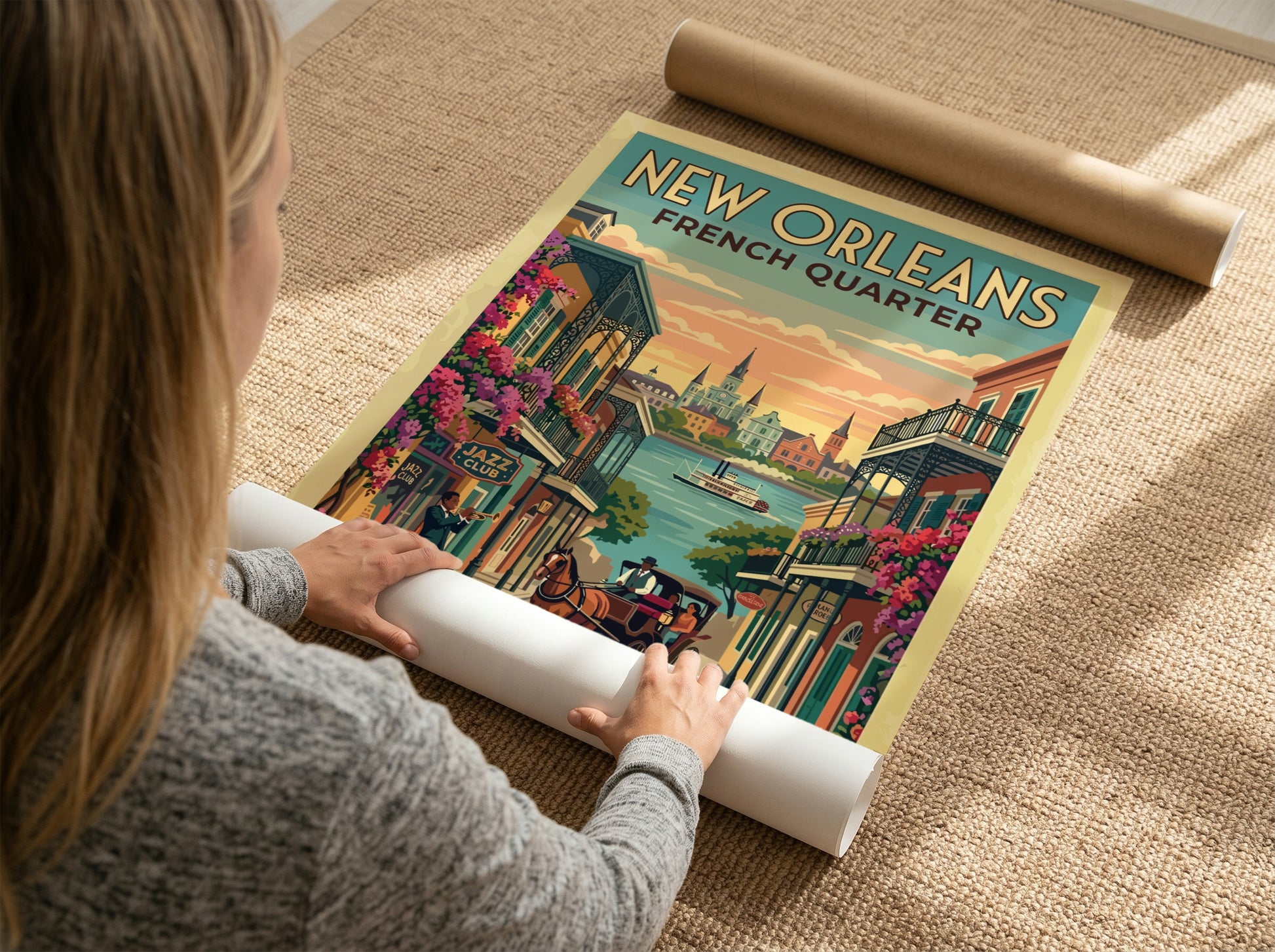 Travel poster of the New Orleans French Quarter with jazz musician and carriage