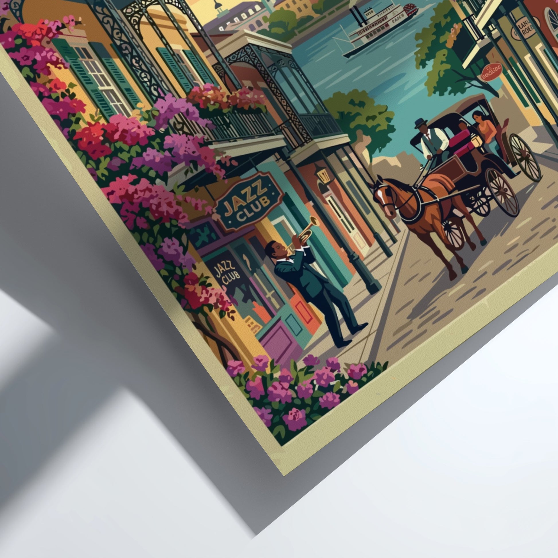 Travel poster of the New Orleans French Quarter with jazz musician and carriage