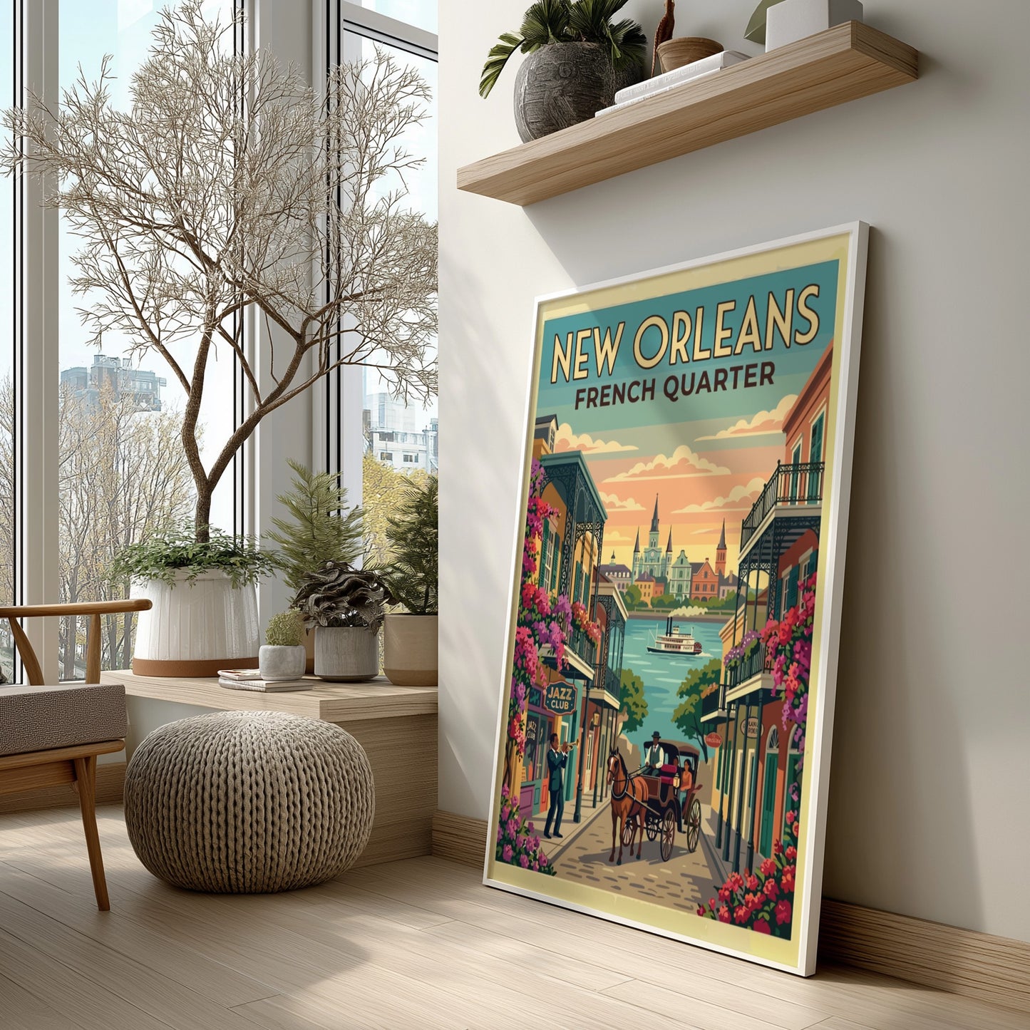 Travel poster of the New Orleans French Quarter with jazz musician and carriage