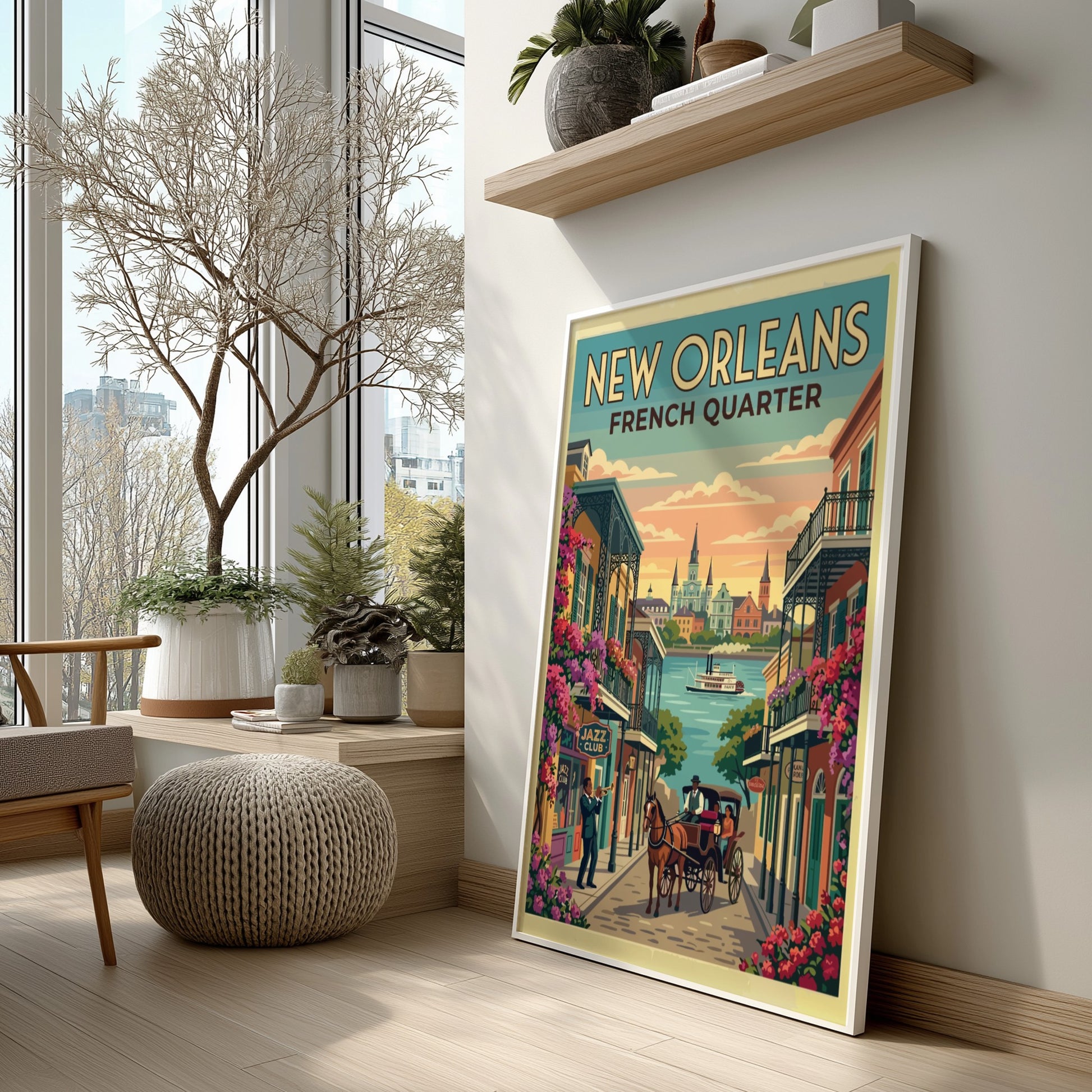 Travel poster of the New Orleans French Quarter with jazz musician and carriage