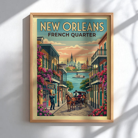 Travel poster of the New Orleans French Quarter with jazz musician and carriage