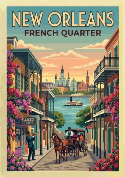 Travel poster of the New Orleans French Quarter with jazz musician and carriage