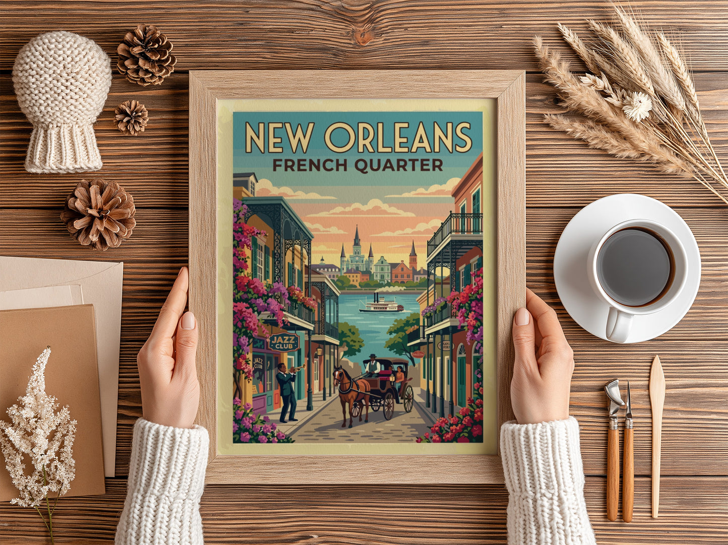 Travel poster of the New Orleans French Quarter with jazz musician and carriage