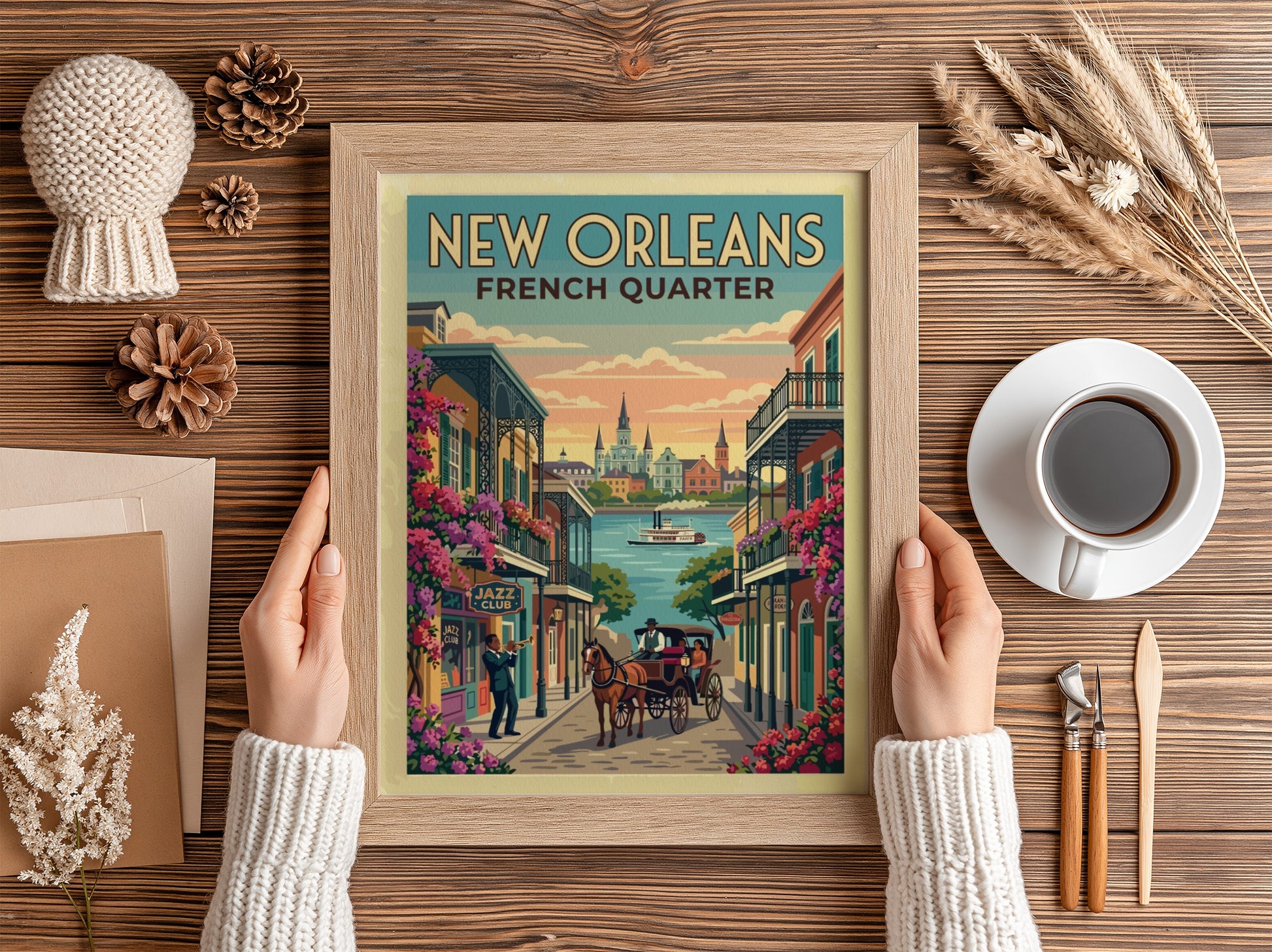 Travel poster of the New Orleans French Quarter with jazz musician and carriage