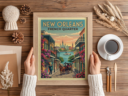 Travel poster of the New Orleans French Quarter with jazz musician and carriage