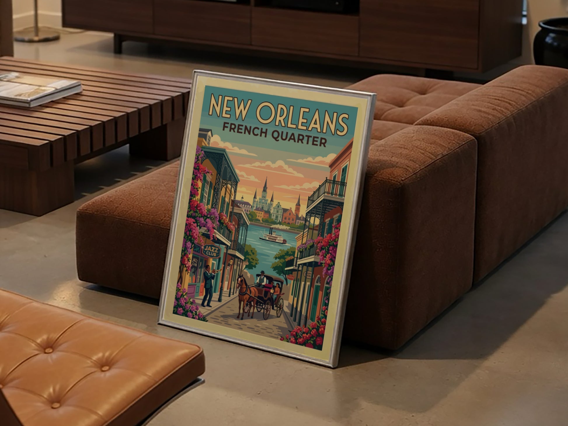 Travel poster of the New Orleans French Quarter with jazz musician and carriage