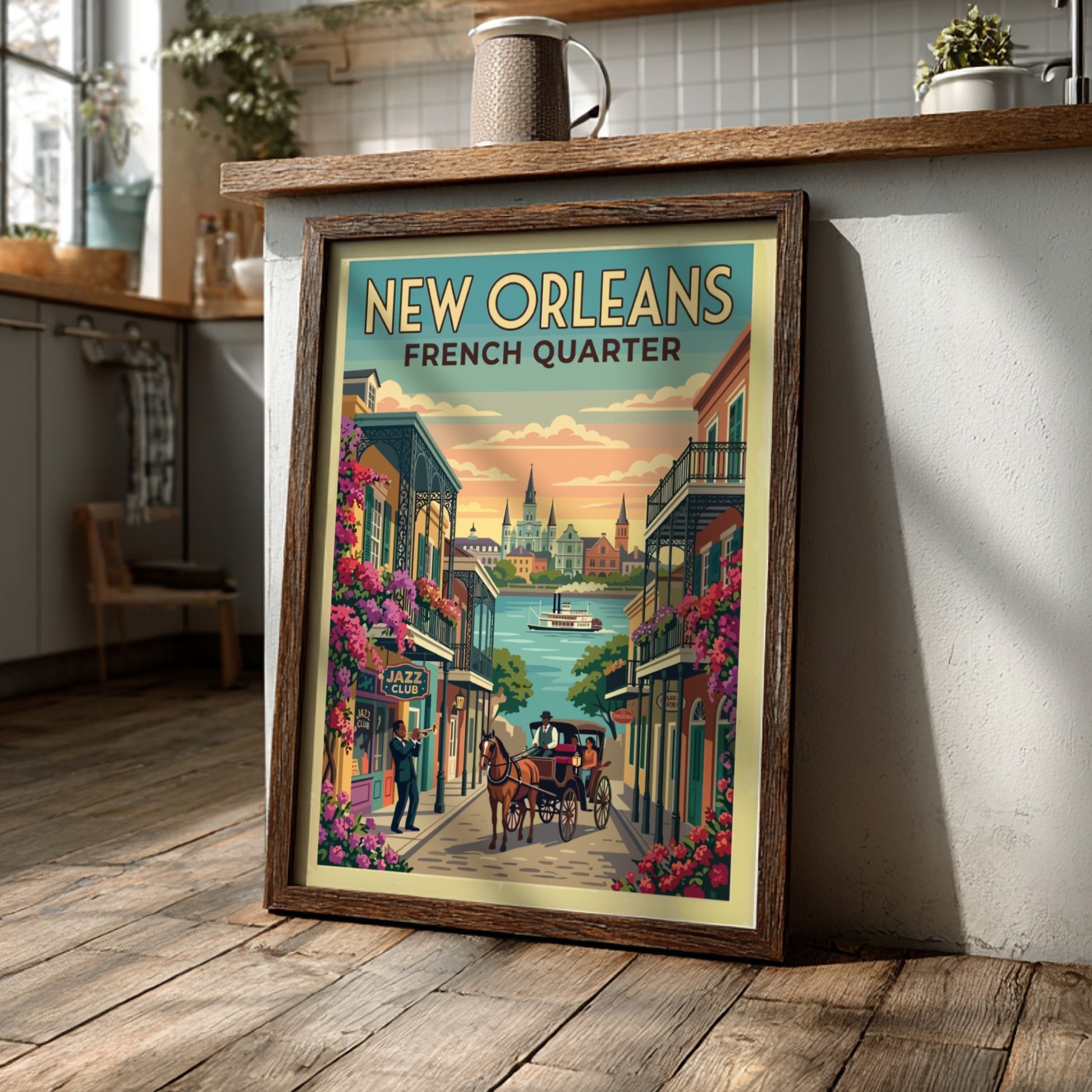 Travel poster of the New Orleans French Quarter with jazz musician and carriage