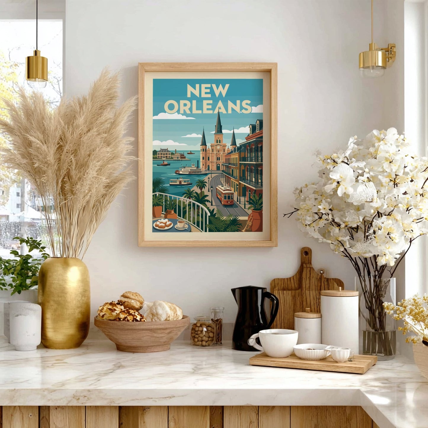 New Orleans streetcar art print with vintage style, featuring Creole architecture and a vibrant color palette.