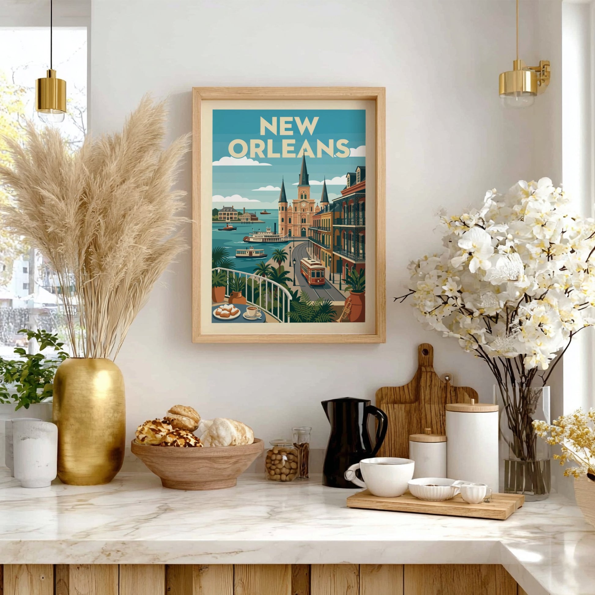 New Orleans streetcar art print with vintage style, featuring Creole architecture and a vibrant color palette.