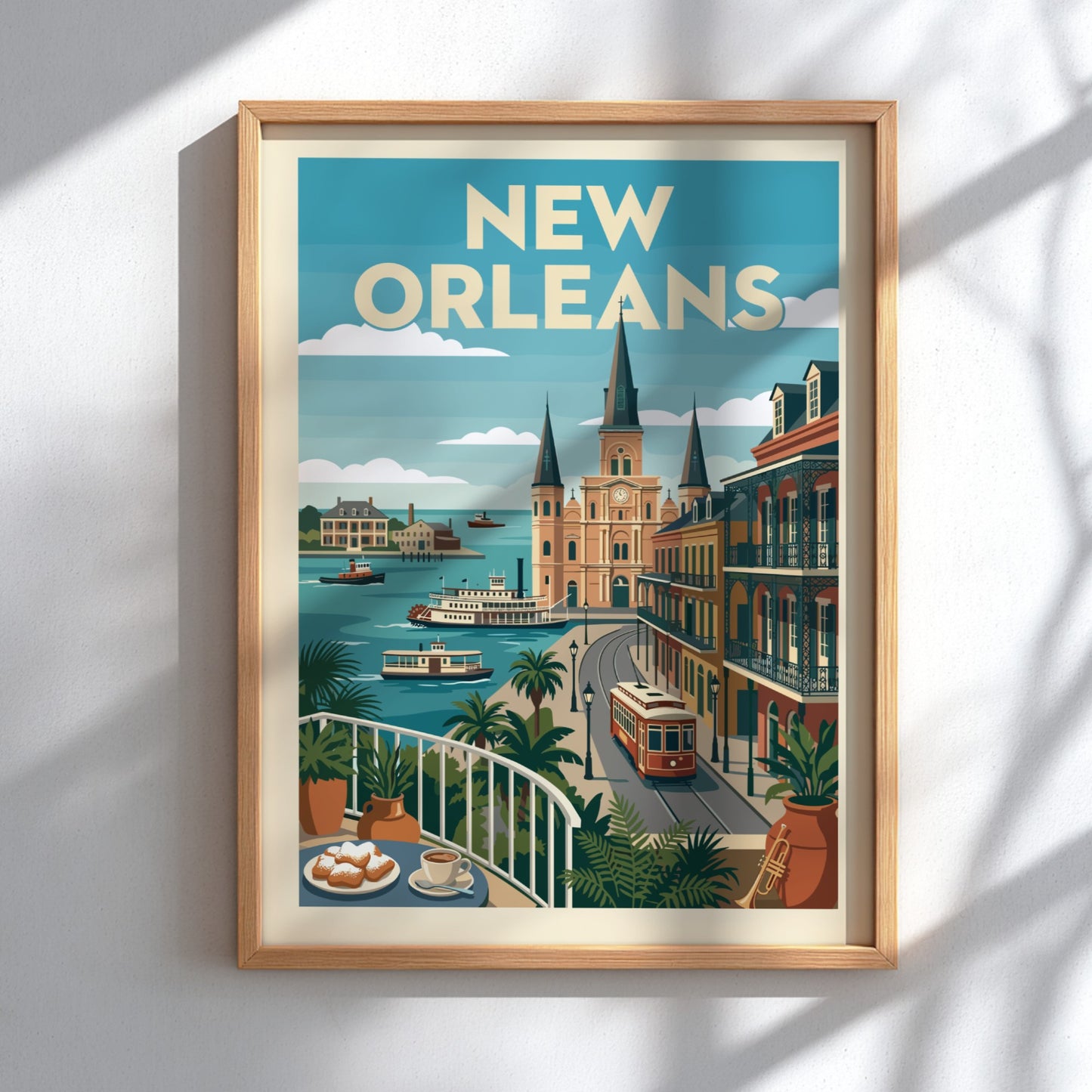 New Orleans streetcar art print with vintage style, featuring Creole architecture and a vibrant color palette.