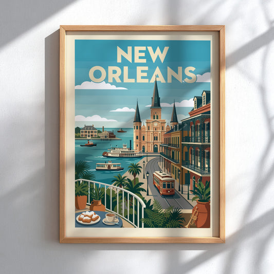 New Orleans streetcar art print with vintage style, featuring Creole architecture and a vibrant color palette.