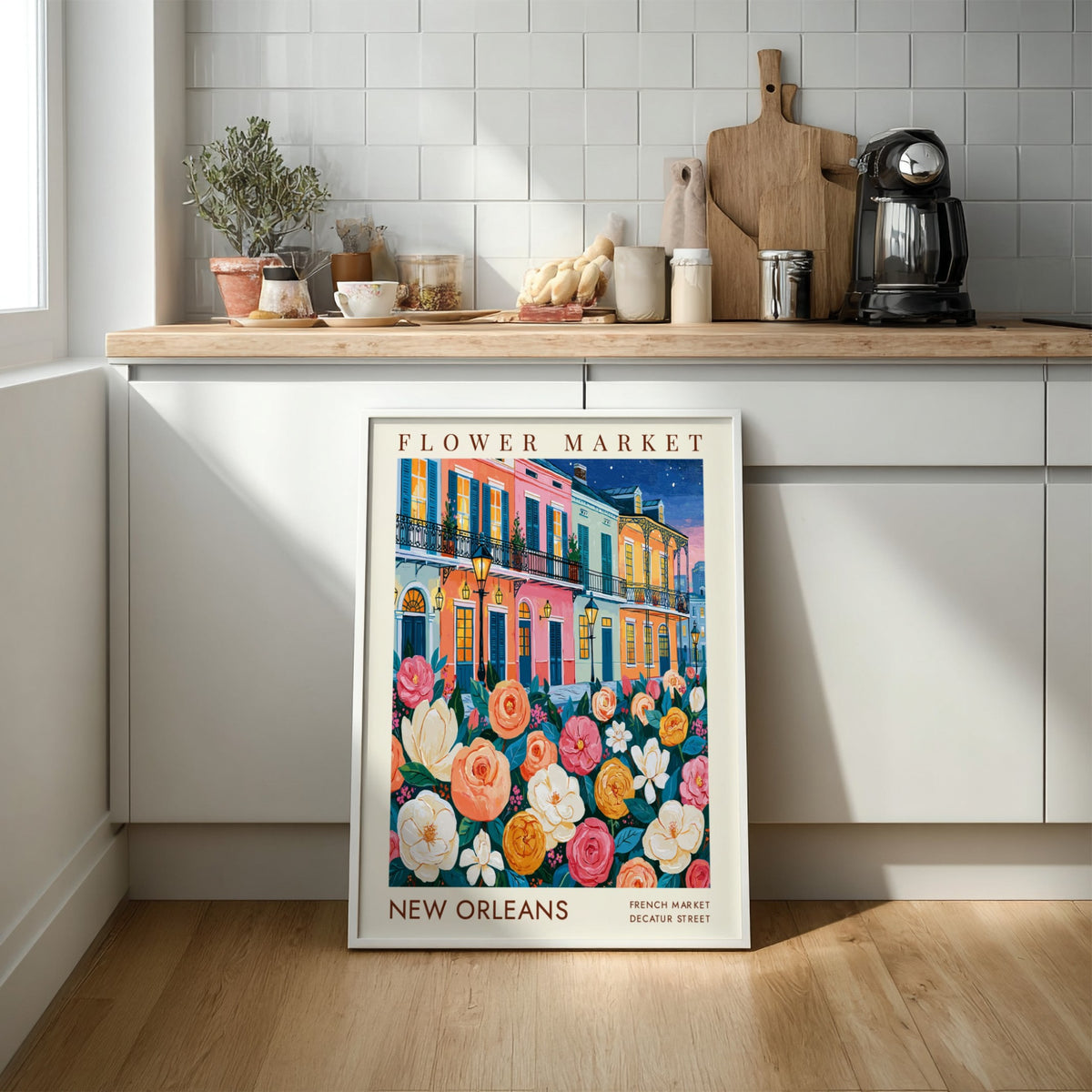 Flower market poster featuring vibrant blooms and colorful buildings in New Orleans