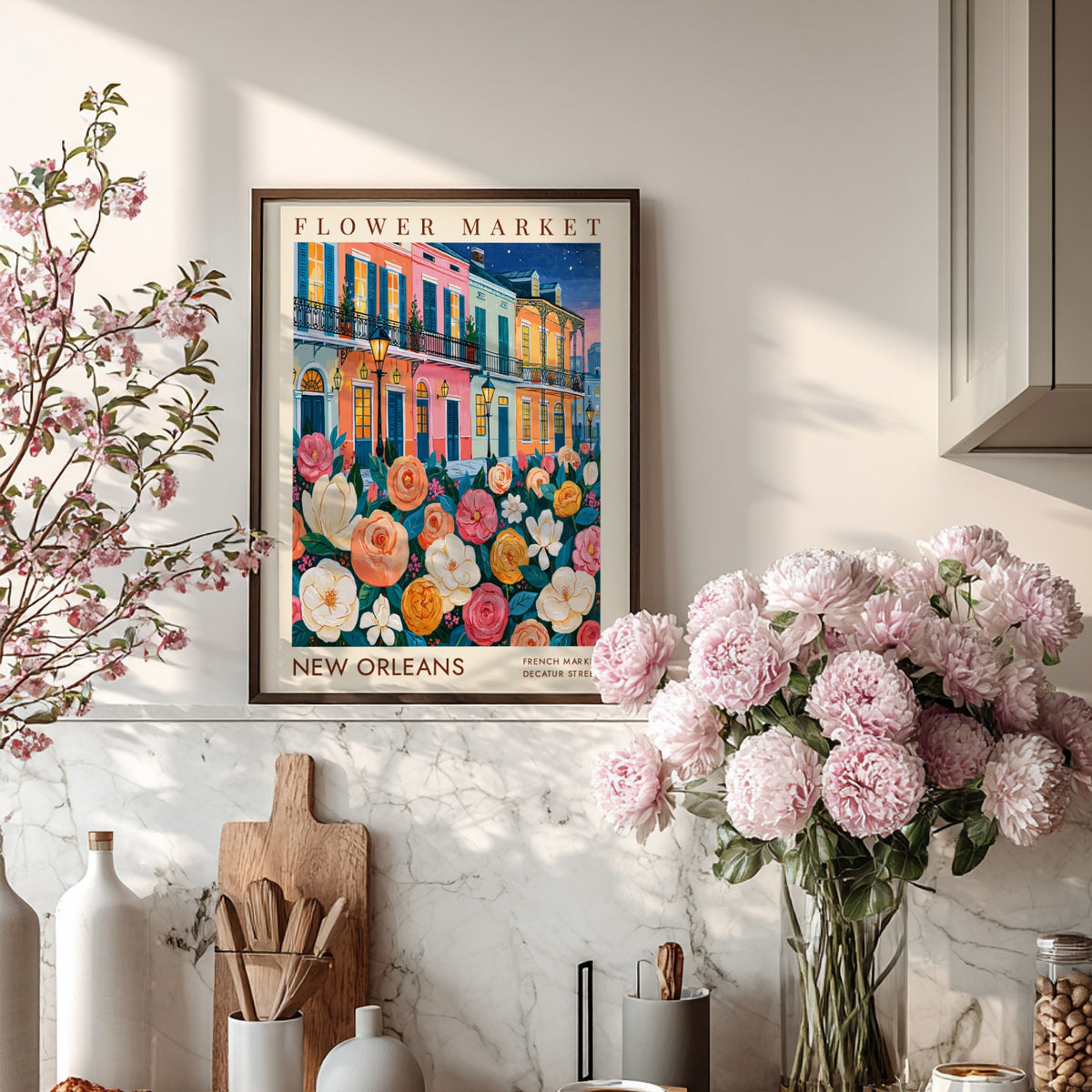 Flower market poster featuring vibrant blooms and colorful buildings in New Orleans