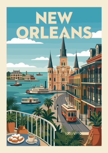 New Orleans streetcar art print with vintage style, featuring Creole architecture and a vibrant color palette.